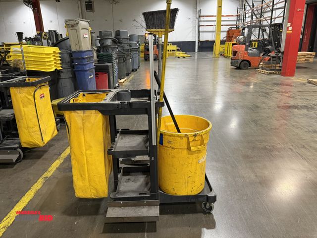 Lot 1-5368 - (1) Rubbermaid janitor cart with broom, dust pan, and mop handle.