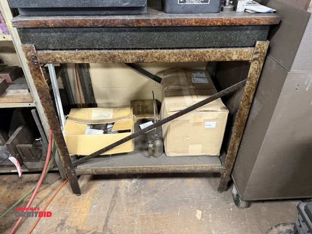 Lot 1-12461 - (1) 36.5" x 3" x 25" granite surface plate with a 37" width x 38" height x 25" depth heavy duty stee...