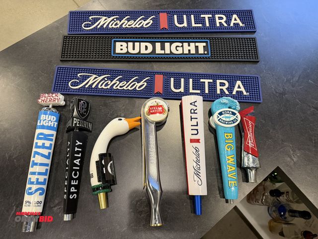 Lot 1-11153 - (7) various brand beer tap handles and (3) 24" x 3-1/2" rubber glass mats