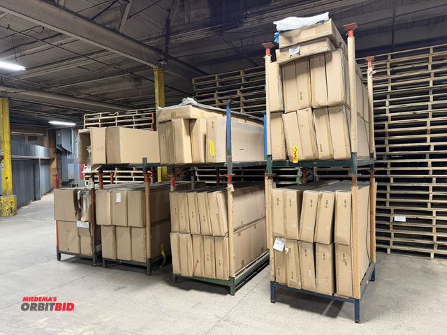 Lot 1-17539 - Lot of (7) 48" length x 9" height x 35.5" width stackable steel frames and assorted skids full of wo...