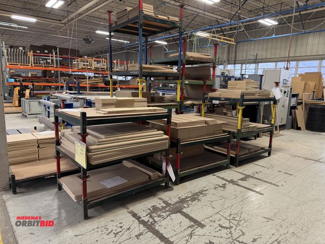 Lot 1-17357 - Lot including (28) 48" length x 9" height x 35.5" depth stackable steel racks full of assorted wood ...