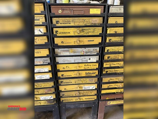 Lot 1-18544 - Lot of (3) 4-drawer parts organizers with contents including square keys, woodruff keys, cable ties,...
