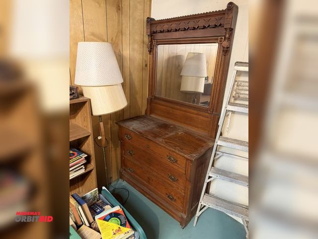 Lot 1-12168 - (1) wood dresser with decorative mirror, 42" x 21".