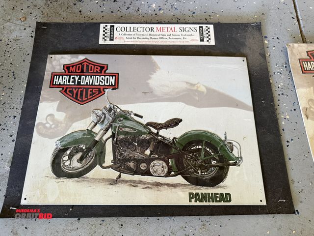 Lot 1-8217 - (1) collectible reproduction 17" x 12" tin Harley Davidson Panhead Motorcycle sign.