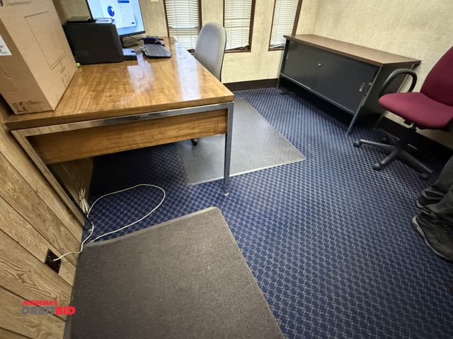 Lot 1-15532 - Contents of office furniture, includes (1) steel frame, wood desk, 76" x 38", (2) rolling office cha...