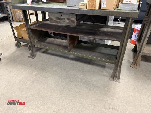 Lot 1-1874 - (1) 60" width x 33.5" height x 29.5" depth steel framed work bench with lower steel shelf and drawer...