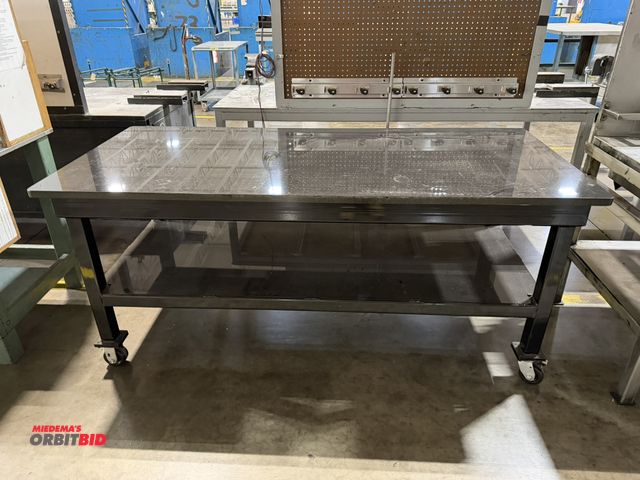Lot 1-5239 - (1) 80" width x 35" height x 36" depth rolling table with 1 1/4" stone top and steel lower shelf (ty...