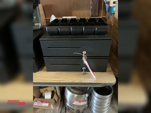 Lot 1-18393 - (2) metal cash drawers with trays and 1 additonal cash tray insert