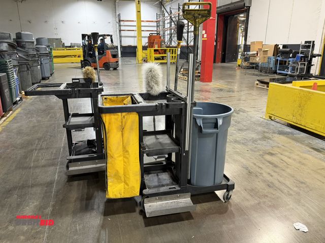 Lot 1-5367 - (2) Rubbermaid janitor carts (1 missing bag), both with trash can and assorted dusters, brooms, etc.