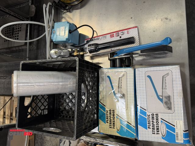 Lot 1-5464 - Lot of assorted tools, includes (3) plastic strapping tensioner tools, (1) new Mag-Lite LED flashlig...
