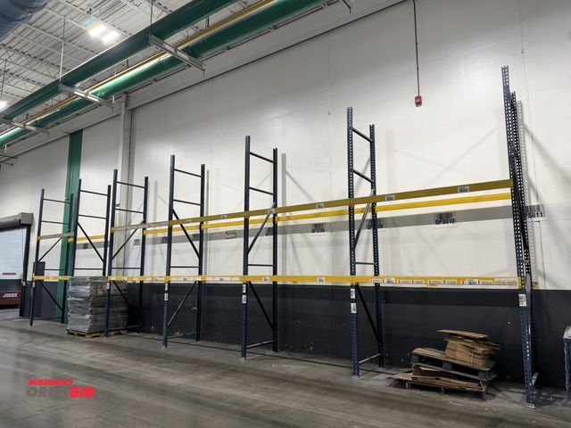 Lot 1-5100 - Set of Teardrop style pallet racking, includes (7) 42" deep x 14' tall uprights, (20) 92" beams, and...