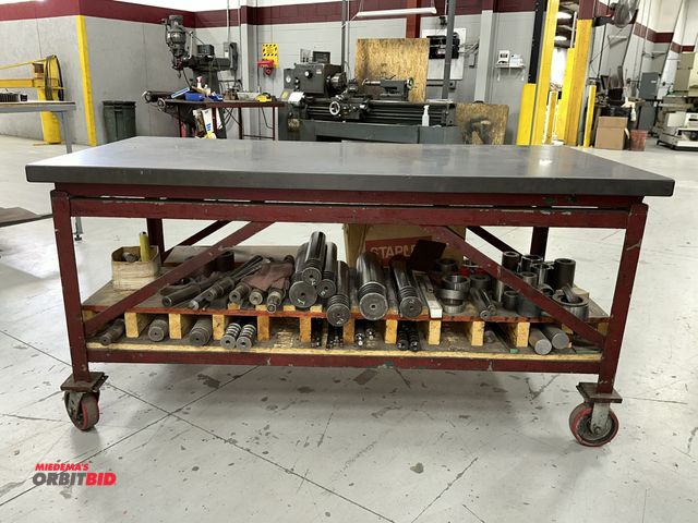 Lot 1-19187 - (1) 72" length x 36" height x 36" depth heavy duty steel framed cart with 2" thick solid top, variou...