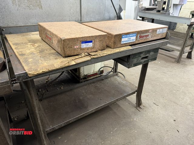 Lot 1-1702 - Lot of (2) Starrett pink granite surface plates, 18" x 12" x 4", and 24" x 18" x 4", and steel shop ...
