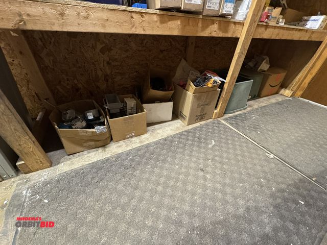Lot 1-4363 - Contents of bottom shelf, includes assorted nail-on boxes, light boxes, 20" x 15" x 13" underground ...