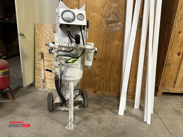 Lot 1-280 - (1) Safe-T-Strip portable media blaster with skid full of hoses and assorted other items.