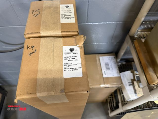 Lot 1-18977 - (2) boxes of 24 x 1000 high tack rolls, and (1) box of 3M transparent, 2mil laminating adhesive, Ref...