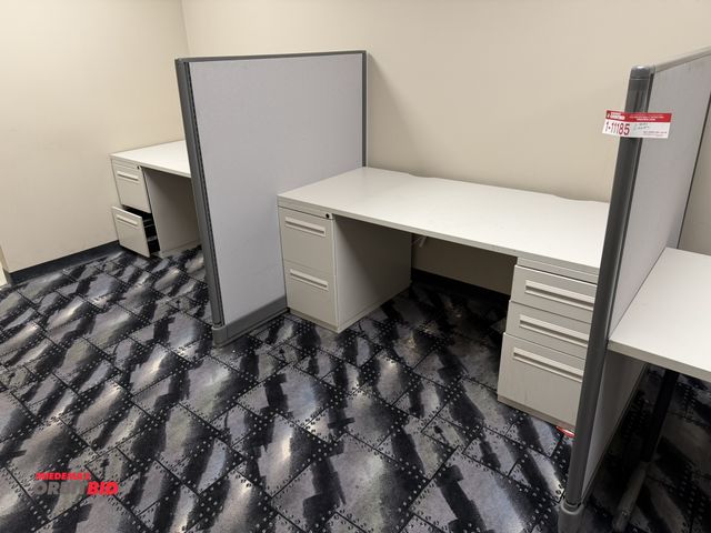 Lot 1-11185 - (2) 66" length x 28" height x 29-1/2" depth desk setups with 15" width x 27-1/2" height x 29" depth ...
