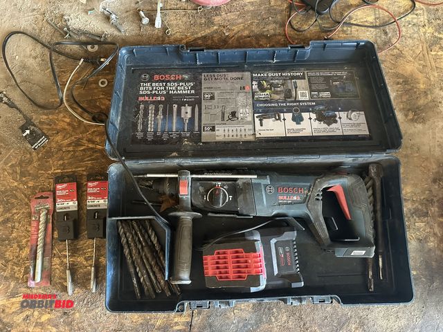 Lot 1-14181 - (1) Bosch, model GBH18V26D, 18V, cordless hammer drill with charger, assorted new and used bits, and...