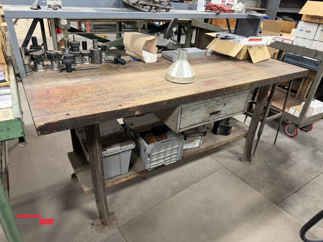 Lot 1-1971 - (1) 72" width x 34" height x 30" depth steel framed work bench with 2" thick wood top, 12" tall x 10...