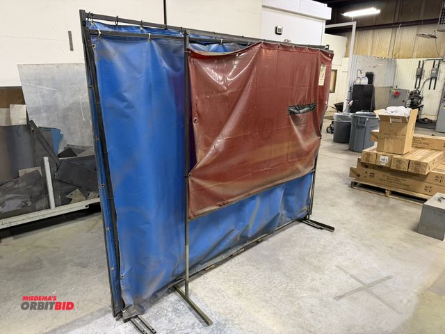 Lot 1-15292 - Lot of 3 welding curtain stands, (2) 94" x 74" tall, and (1) 72" x 94" tall.