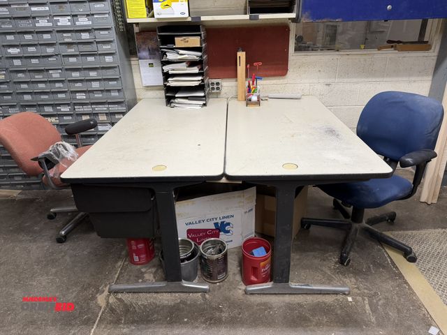 Lot 1-16371 - Lot of (2) matching 59" length x 29" height x 29" depth steel framed work benches with Formica tops ...