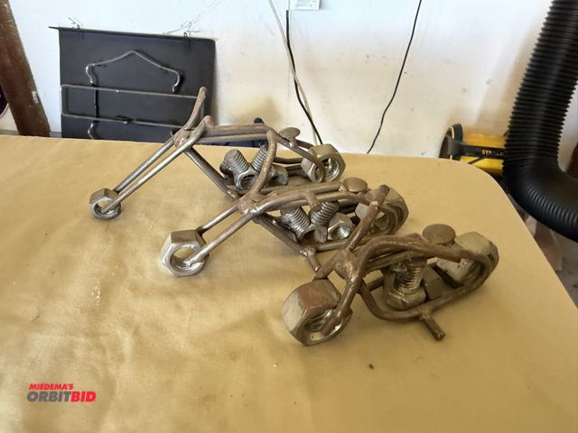 Lot 1-8224 - Set of (3) custom, hand made metal motorcycle sculptures.