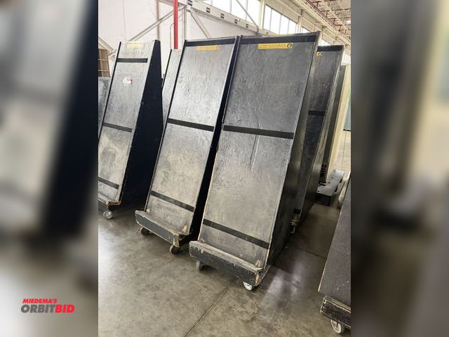 Lot 1-5524 - Lot of (4) 26" width x 76" height x 32" depth wood slanted plate storage racks on wheels.