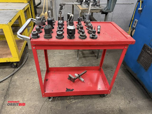Lot 1-15437 - (1) rolling steel shop table with approx. (30) assorted tool holders, drill type, chuck style collet...
