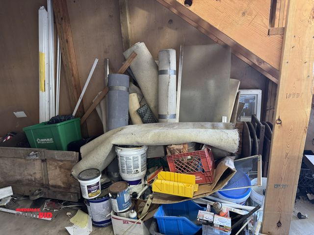 Lot 1-14212 - Large lot of assorted items, includes assorted paints, plastic miter box, smoke alarms, window scree...