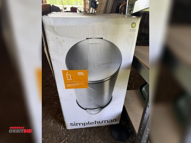 Lot 1-8454 - (1) Simple Human 30-liter, stainless steel trash can with foot pedal control.
