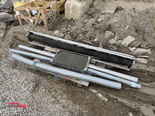 Lot 1-16048 - (1) manual tarp, approx. 94" long, (1) 10' stick of 3.5" EMT, (1) flexible 4" duct, (1) flexible 3" ...