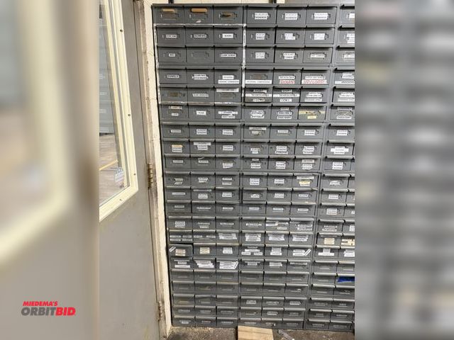 Lot 1-16373 - Lot of (7) 33.5" width x 10.5" height x 12" depth steel hardware storage units with 18 removable ste...