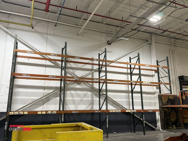 Lot 1-5108 - Lot of Teardrop style pallet racking, includes (8) 16' tall x 42" deep uprights (all with 3" x 3" he...