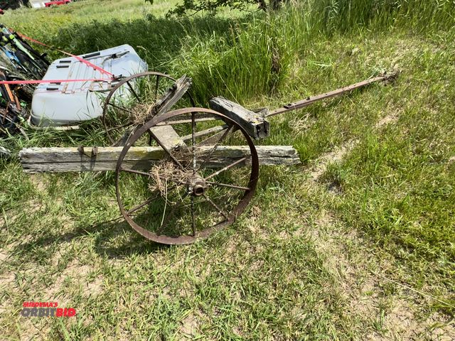 Lot 1-17842 - (1) steel framed cart for repair/restoration, with 24" diameter steel wheels, and pin type hitch.