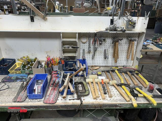 Lot 1-16456 - Large assortment of hand tools, includes rubber mallets, fiberglass handle hammers, open end box wre...