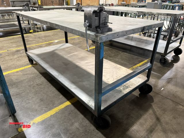 Lot 1-5208 - (1) 92" length x 43" height x 42.5" depth heavy duty steel cart, includes attached 5" Wilton bench v...