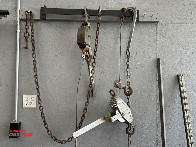 Lot 1-583 - (1) jay hook with approx. 12' of chain, (2) cable manual winches (1 is in need of repair), and more.