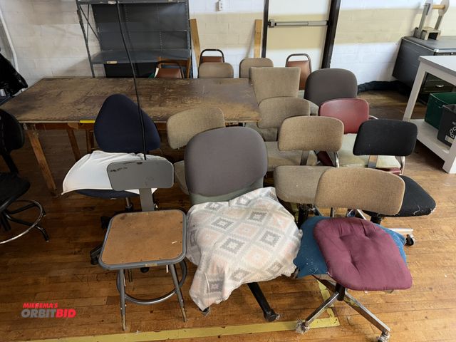 Lot 1-4789 - Lot of (17) assorted chairs, wooden table, 73.5" long x 37.5" wide x 30" tall, winning bidder respon...