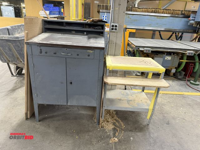 Lot 1-16484 - (1) steel foreman's desk with contents, 34" wide, and (1) small steel table, 28" x 20".
