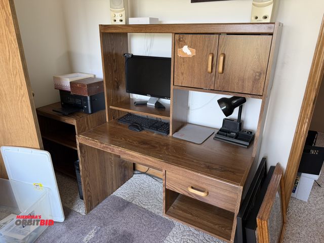 Lot 1-19198 - (1) 43" wide wood computer desk, includes 21" wide printer stand.