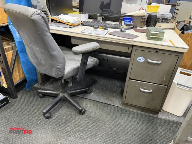 Lot 1-10271 - (1) steel shop desk, 60" x 32" with shop chair, does not include contents, desk and chair only.