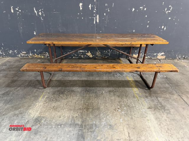 Lot 1-5555 - (1) 92" long metal framed picnic table with wood seats and wood top.
