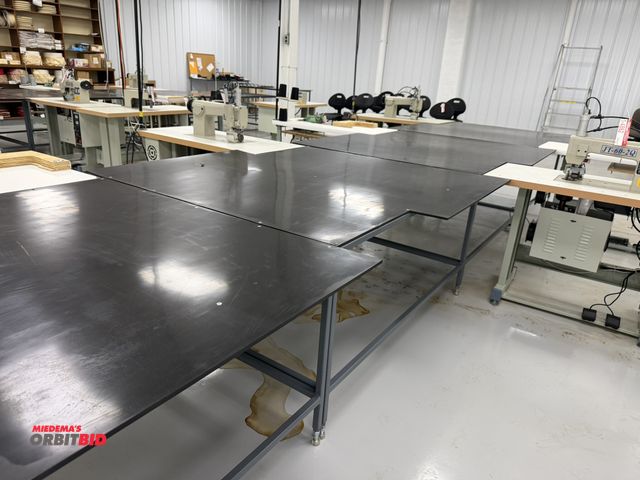 Lot 1-4893 - (4) 60" x 48" x 30" tall sewing tables with custom plastic cut tops, they are removable and customiz...