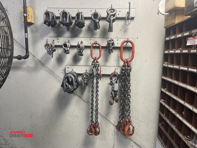 Lot 1-19257 - Large lot of assorted lifting straps, (1) 4 point lift chain, 3/8" with 2' reach, (1) 4 point lift c...