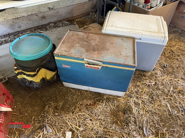 Lot 1-8506 - Lot of (2) coolers, Coleman plug in, and Coleman standard, and (1) Bucket Boss by Stanley.