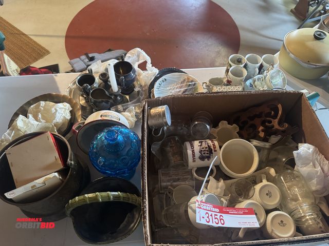 Lot 1-3156 - Lot of assorted dishes, cups, trays, and more.