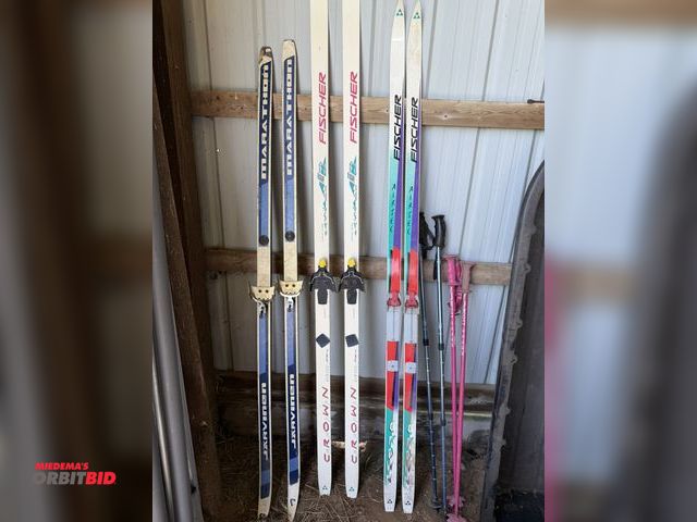 Lot 1-8485 - Lot of 3 sets of skis, includes (2) Fisher, and (1) Marathon, also includes (2) sets of poles.