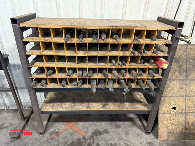 Lot 1-6498 - (1) custom built steel and wood rack with assorted heavy duty Morse taper drills, winning bidder res...