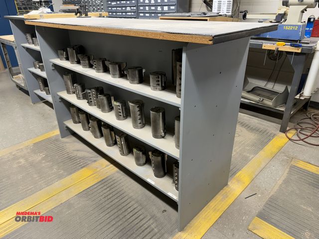 Lot 1-16349 - (1) 72" width x 43.5" height x 24" depth wood shelving unit with assorted tool holders, cutting tool...