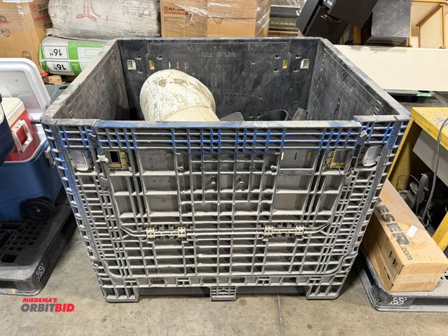 Lot 1-5633 - (1) 48" width x 39" height x 40" depth resin bin with assorted 10" and 12" diameter plastic pipe fit...